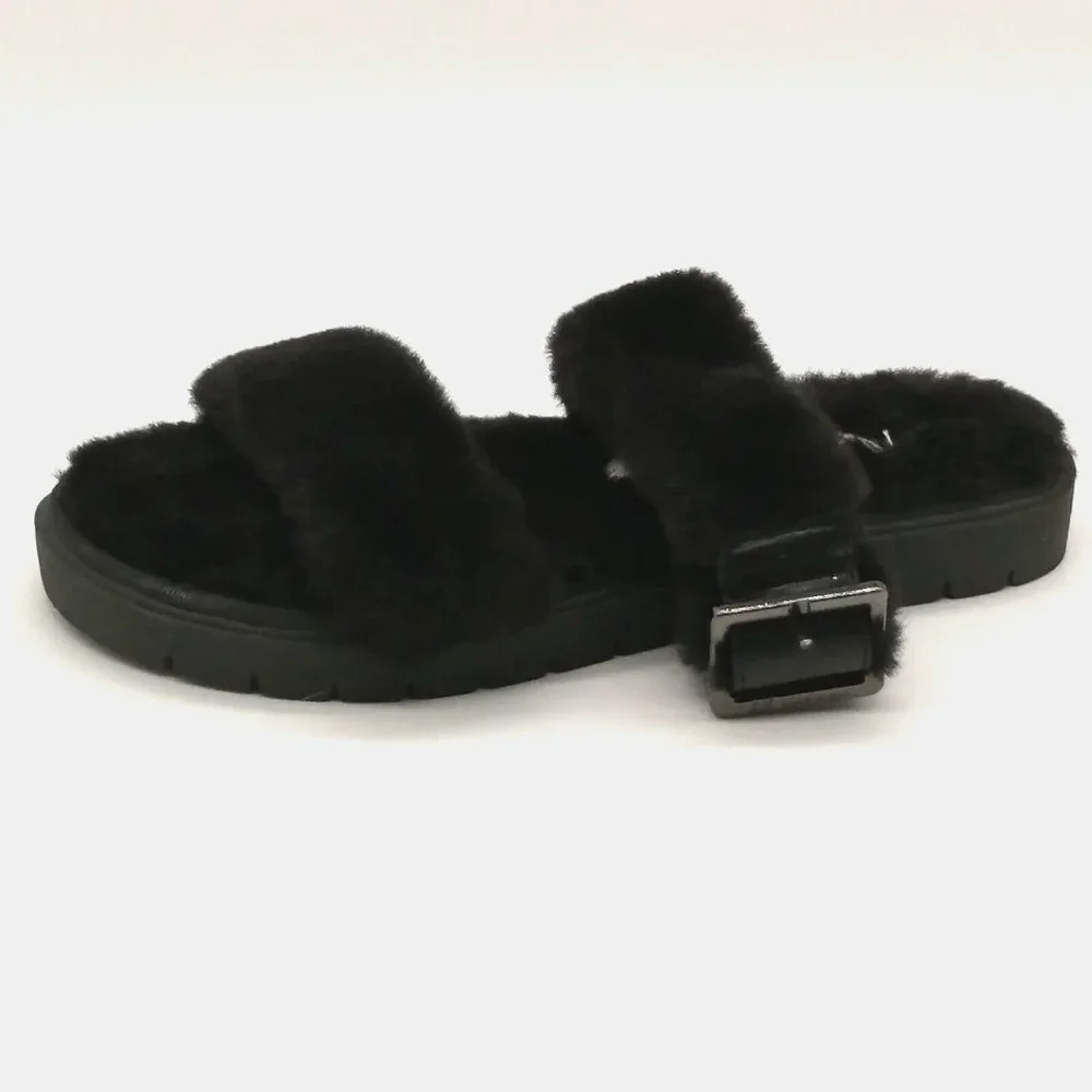 Anne‎ Klein Womens Sandals Skyler Black Faux Fur Straps Buckle Slide Flat Heel 7